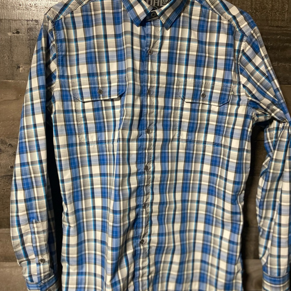 Kuhl Blue and White Plaid Long-Sleeve Button-Down Shirt Large